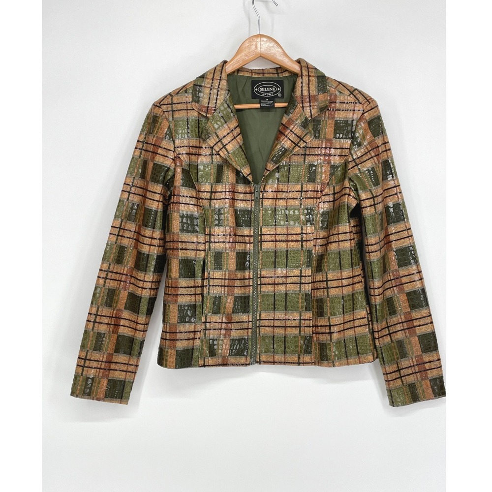 Vintage Selene Sport Womens Jacket M Zip Plaid Green Reptile Texture PVC Coat